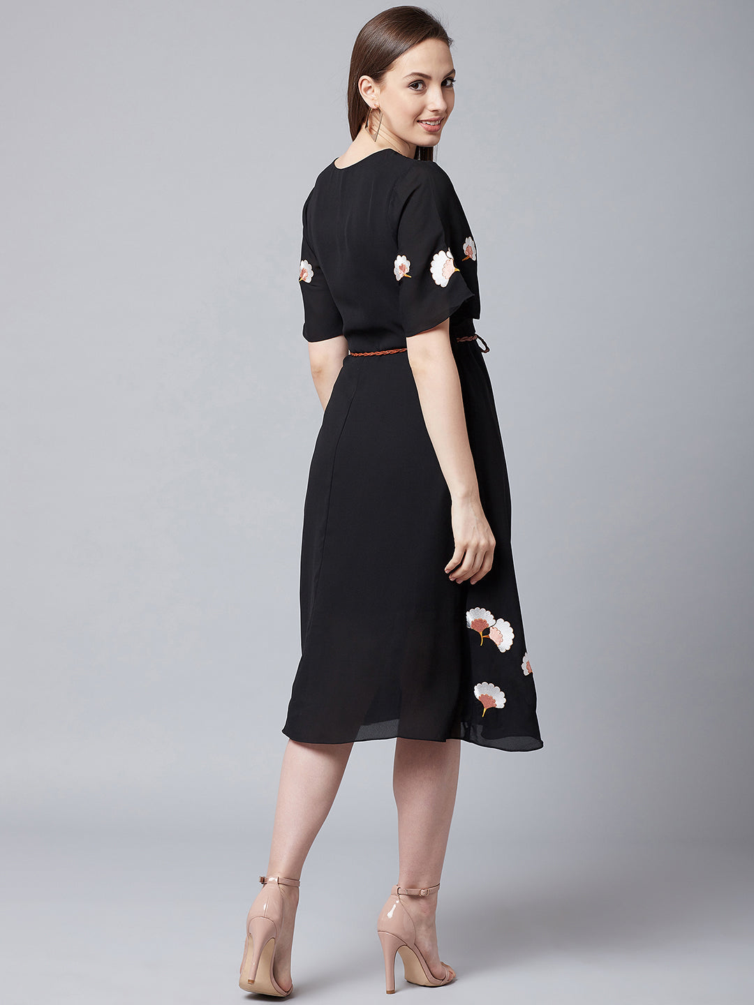 Women Black Embroidered Wrap Dress