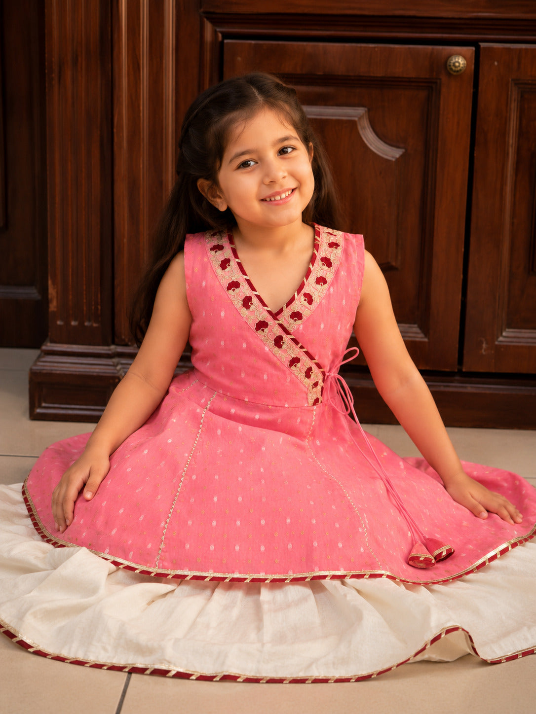 Girls Peach Kurta With White Sharara