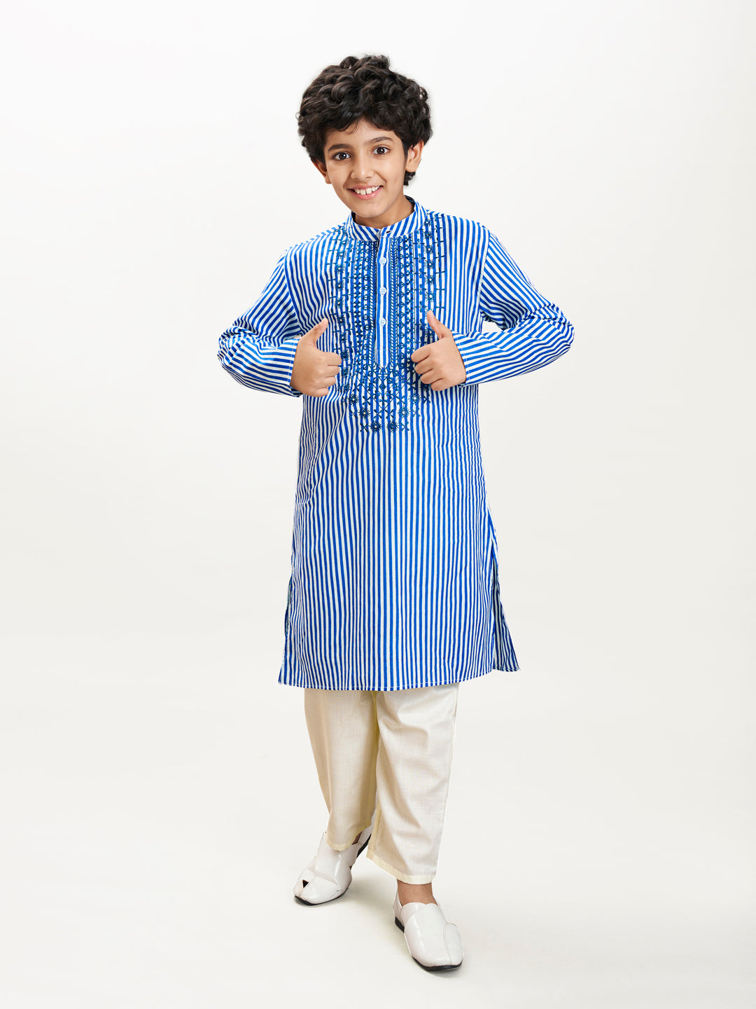Boys blue white stripe embroidery kurta with a off white pajama