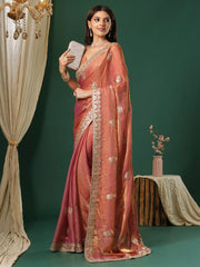 Women's Satin Silk Peach Embroidered Designer Saree With Blouse Piece