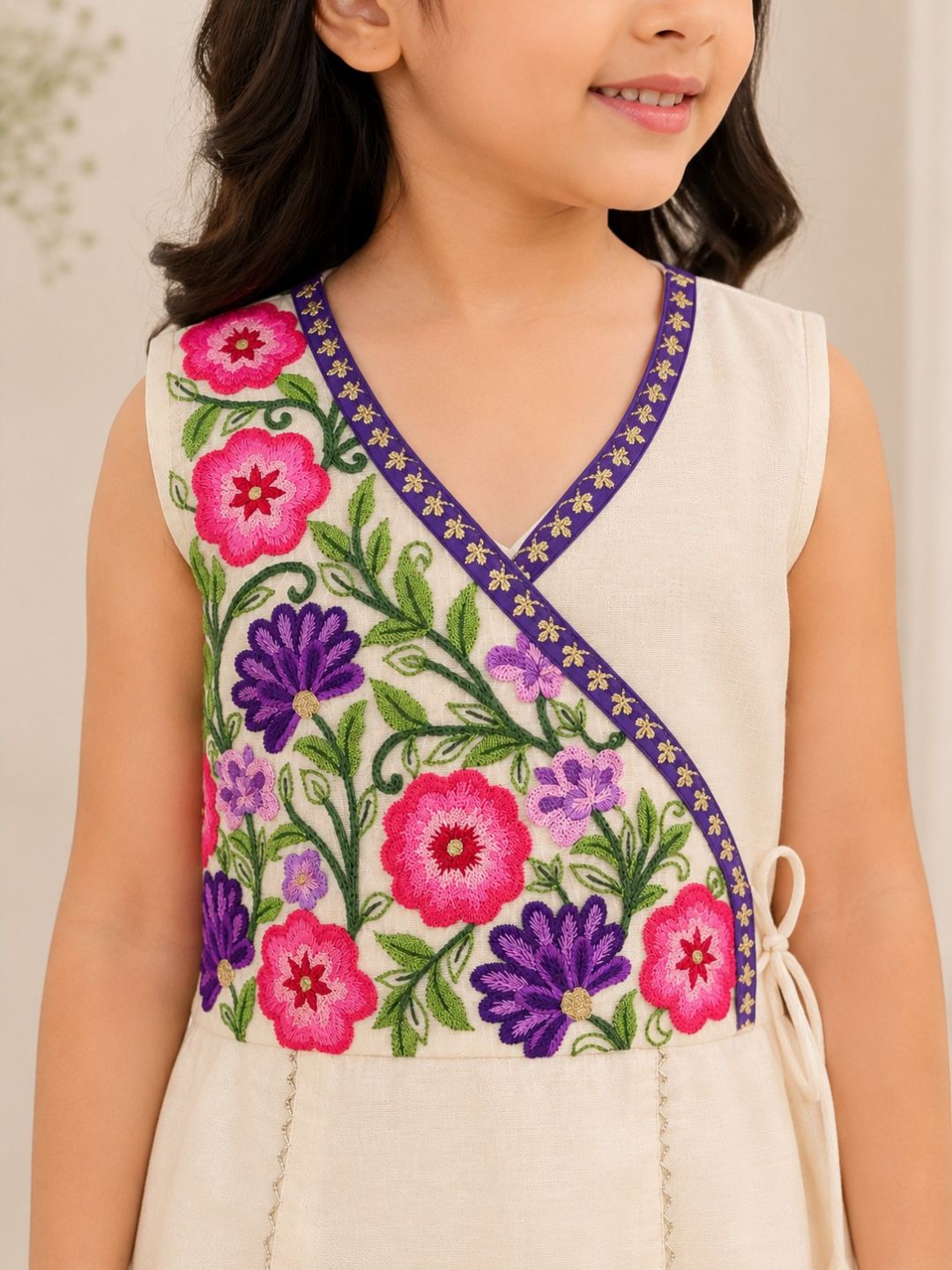 Girls Off White Embroidered Kurta With Farsi Salwar