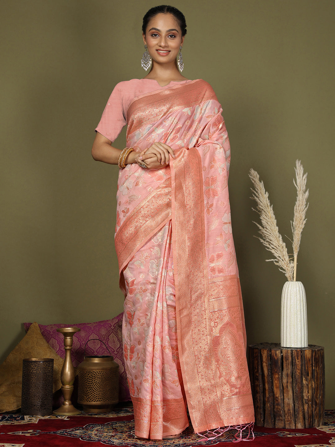 Elegant Peach Cotton Saree with Golden Zari Work – Graceful Comfort for Everyday & Festive Wear