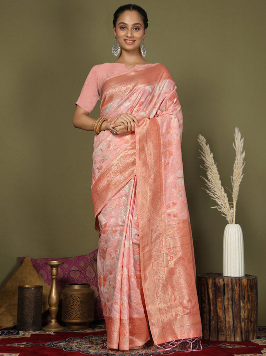 Elegant Peach Cotton Saree with Golden Zari Work – Graceful Comfort for Everyday & Festive Wear