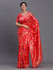 Pink Banarasi Silk Saree with Floral Zari Weaving – Festive Traditional Elegance for Weddings & Celebrations