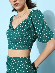 Women's Pleated Green Polka Top & Skirt Co-Ord Set