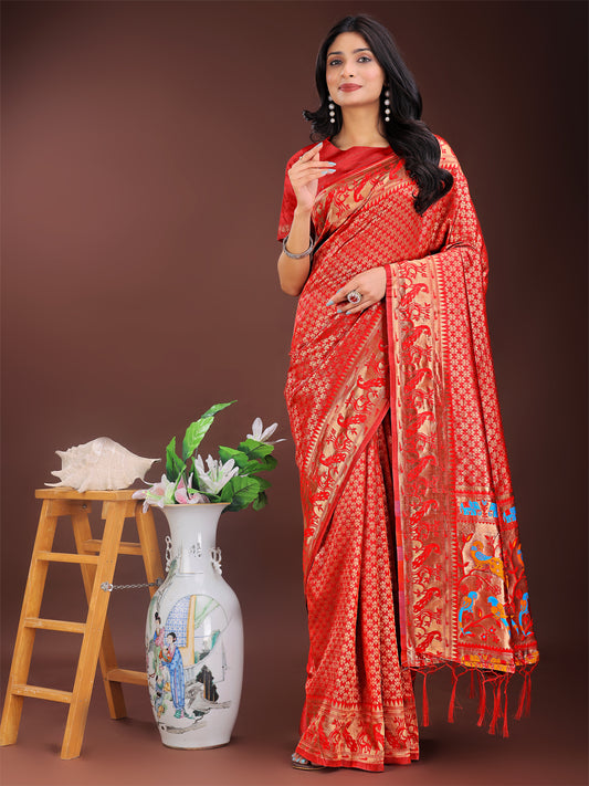 Fiery Red Banarasi Silk Saree with Gold Zari and Colorful Pallu – Perfect for Bridal, Wedding & Festive Glamour