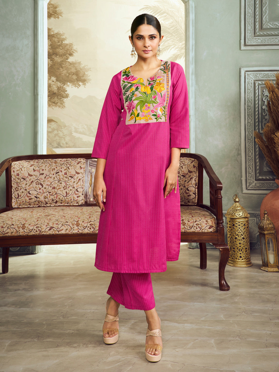 Pink Embroidered Yoke Straight Kurta Set.