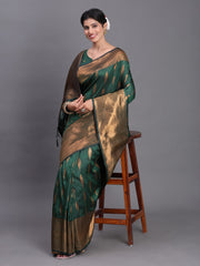 Navy Blue Banarasi Silk Saree with Copper Zari Woven Pallu & Feather Butta – Wedding & Festive Wear
