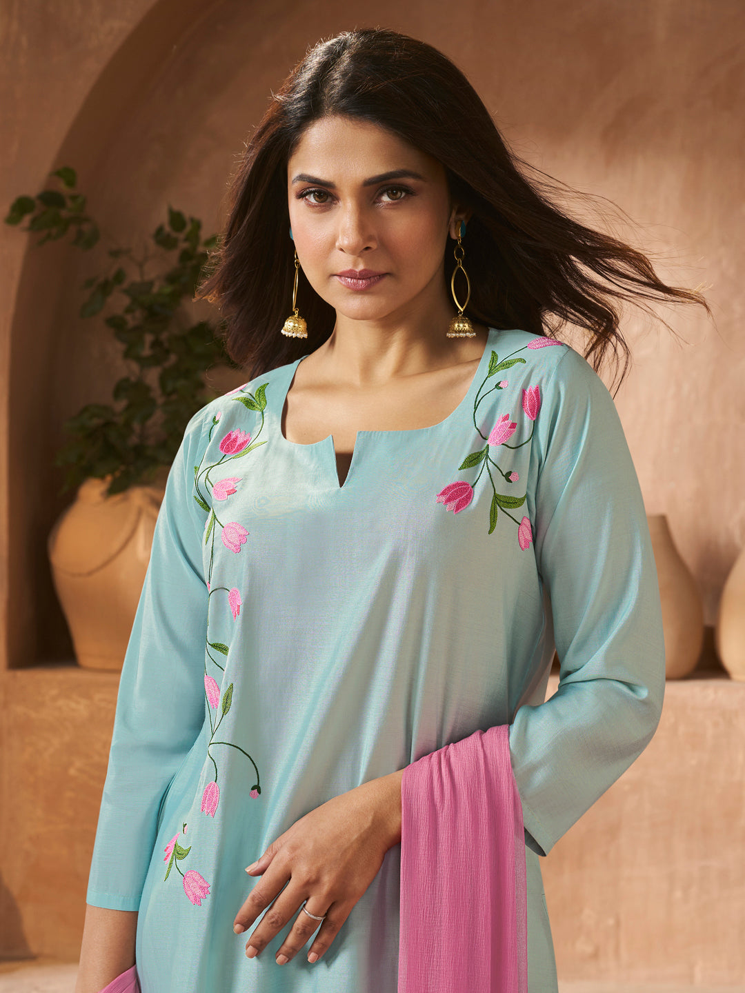 Sky Blue Embroidered Straight Kurta Set With Dupatta.