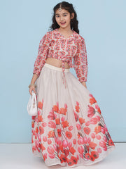 Girls Indo-Western Grey & Pink Tulip Flower Digital Printed Lehenga Choli.