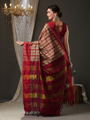 Women's Aura Silk Cream WovenDesign DesignerSaree With Blouse Piece