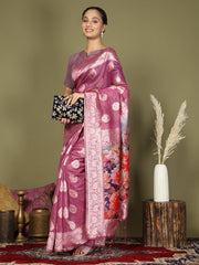 Green Floral Linen Cotton Saree with Zari Border & Digital Printed Pallu – Elegant Sari for Festive Occasions
