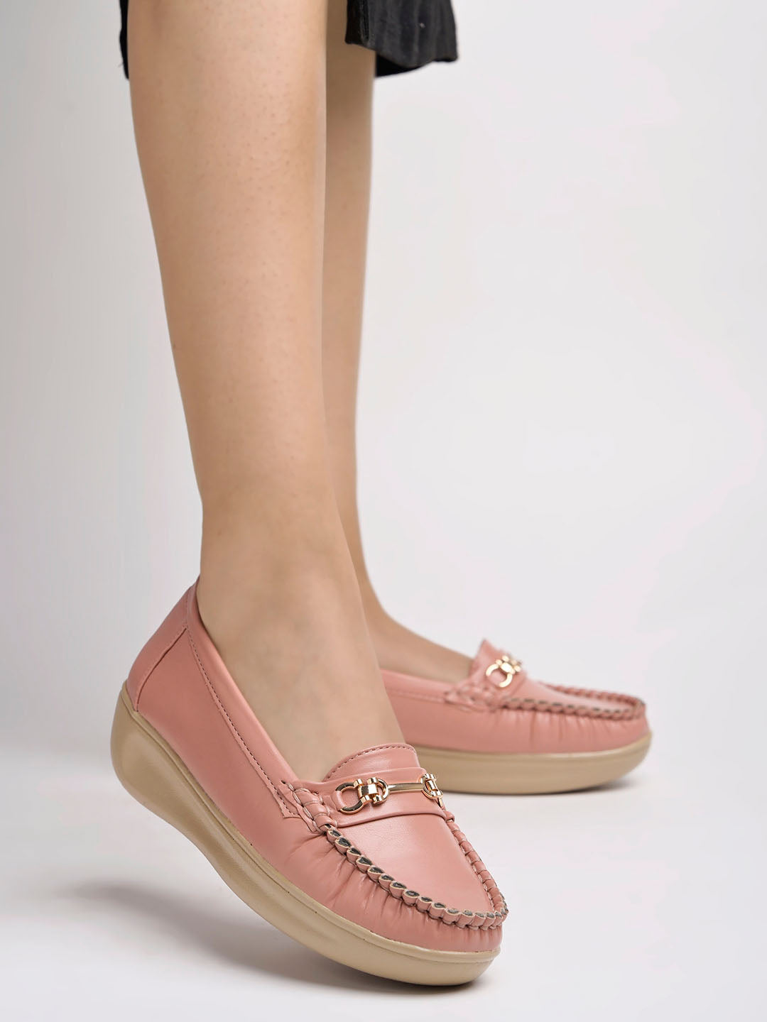 Shoetopia - Upper Metalic Buckle Detailed Peach Loafers For Women & Girls
