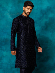 Vastramay-Men's Navy Blue Silk Blend Kurta