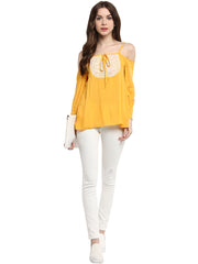 Women's Mustard Yellow Rayon Cold Shoulder Top