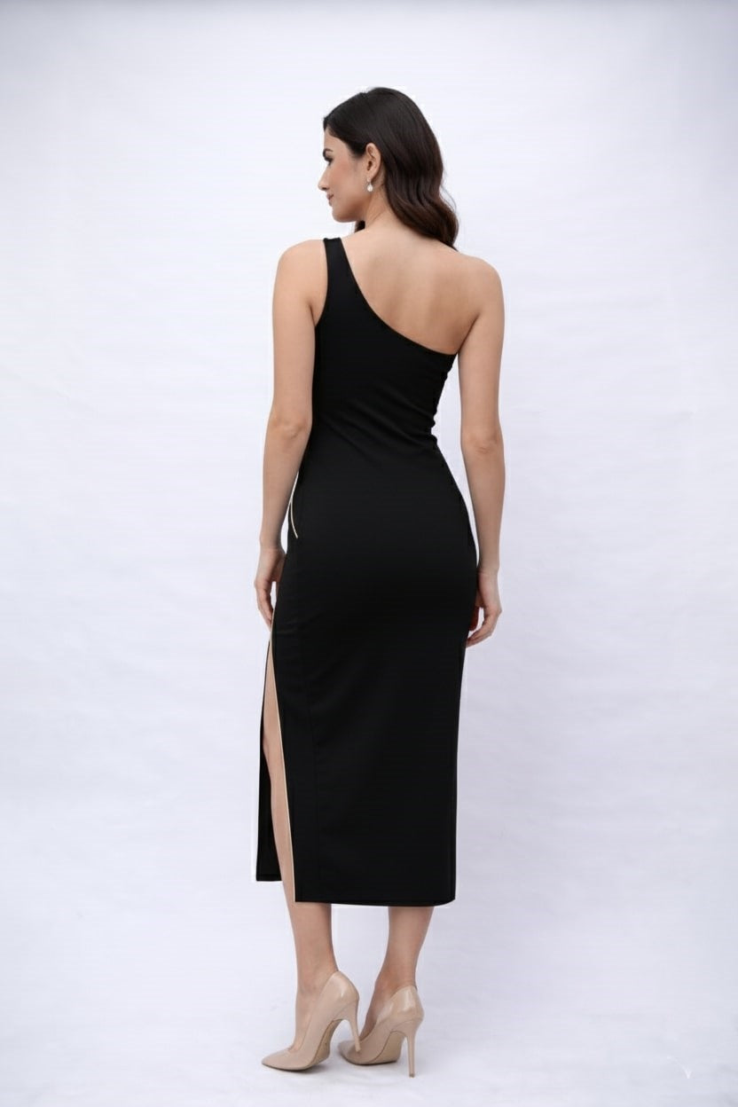 Black One Shoulder Sheath Midi Dress-ADR-18990