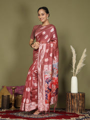 Green Floral Linen Cotton Saree with Zari Border & Digital Printed Pallu – Elegant Sari for Festive Occasions