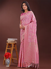 Peach Pink Linen Cotton Saree with Golden Zari Leaf Design & Elegant Pallu – Festive | Office | Daily Wear