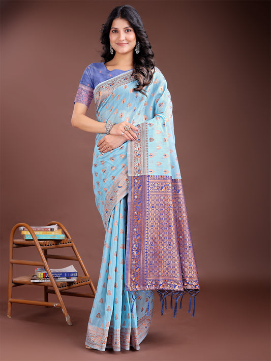 Elegant Sky Blue Cotton Saree with Contrast Pallu – Perfect Blend of Tradition & Comfort