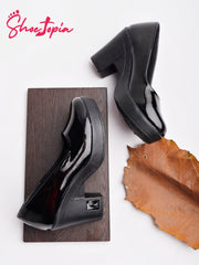 حذاء Shoetopia بكعب أسود سادة للنساء والفتيات