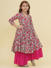 Girls Off-White Floral Printed Angrakha Kurta with Sharara
