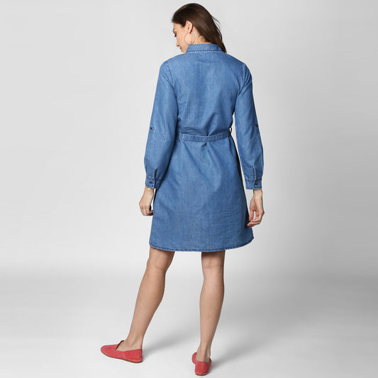 Women's Blue Denim Double Pocket Double Flap Dress