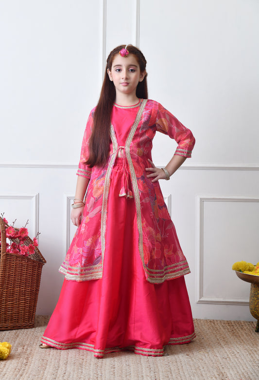 Girls Festive Pink Lehenga Choli with Printed Jacket Set