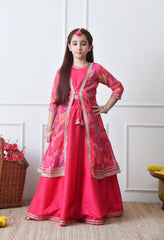 Girls Festive Pink Lehenga Choli with Printed Jacket Set