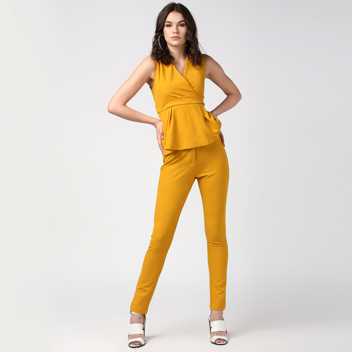 Women's Mustard Yellow Coordinated Peplum Top and Pants Set