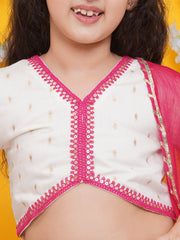 Girls Off white Choli, Pink Foil Printed Lace work Lehenga with Dupatta