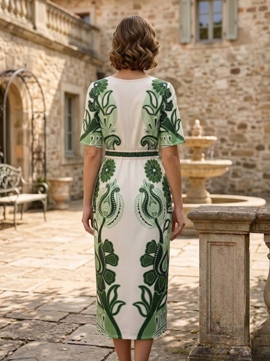 Green & Beige Linen Midi Dress-ADR-19767