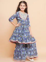 cotton Woven Three-Quarter Sleeves Floral Print Flared Kurta And Sharara With Dupatta Set - Blue