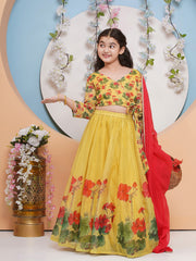 Girls Yellow Printededed Ready to wear Choli & Lehenga With Dupatta