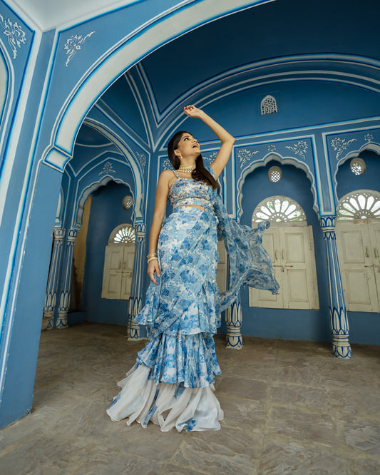 Seashell Cream Ruffle Saree with Blouse