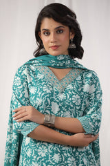 Women Teal  Floral Printed Embroidered Kurta Paired With Chevron Printed Bottom And Dupatta