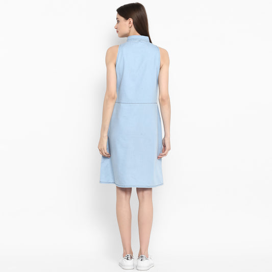 Women's Denim Sleeveless Dress with Silver Buttons