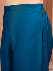 Teal color silk blend with off white thread embroidered kurta & trouser with dupatta set 