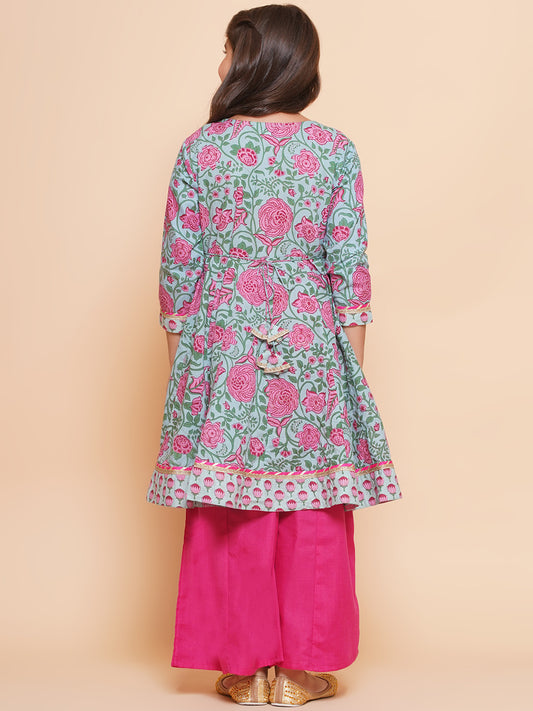 Girls Blue Pink Printed Anarkali Kurta & Palazzos