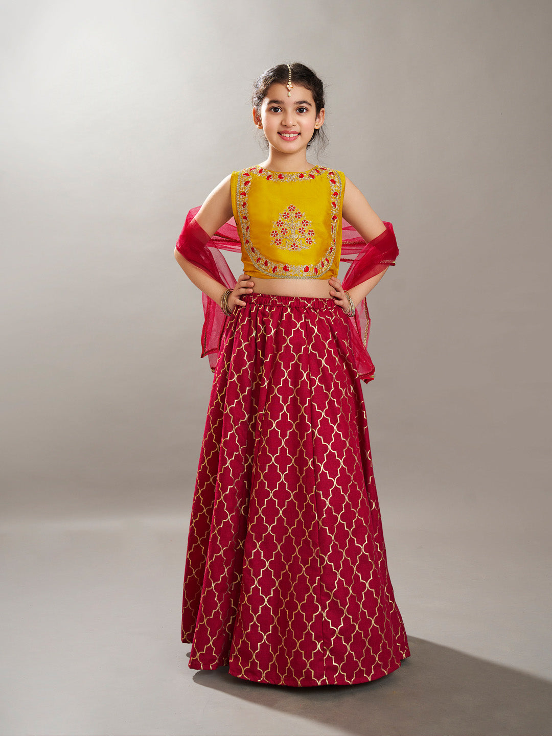 Girls Maroon & Yellow Foil Print with Embroidered yoke Choli, Lehenga with Dupatta