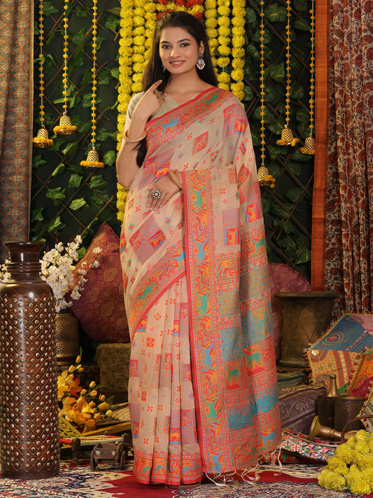 Off White Linen Cotton Saree with Multicolor Ethnic Print – Soft & Lightweight Saree for Festive, Daily, and Office Wear