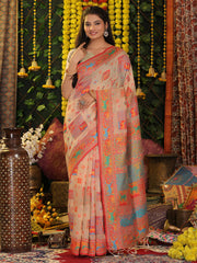 Off White Linen Cotton Saree with Multicolor Ethnic Print – Soft & Lightweight Saree for Festive, Daily, and Office Wear