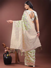 Elegant Beige & Coral Linen Saree with Zari Border and Abstract Pattern – Premium Festive & Office Wear