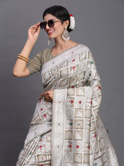 Sky Blue Linen Cotton Saree with Multicolor Elephant & Temple Motifs – Traditional Woven Pallu & Tassels