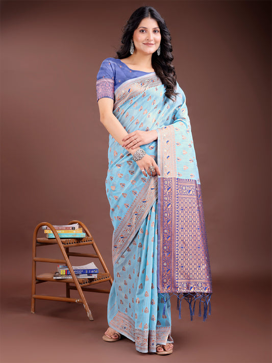 Elegant Sky Blue Cotton Saree with Contrast Pallu – Perfect Blend of Tradition & Comfort