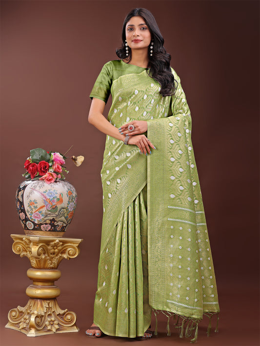 Elegant Light Green Linen Saree with Silver Zari Butta & Pallu – Daily Wear | Festive Look | Soft Feel