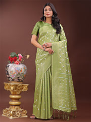 Elegant Light Green Linen Saree with Silver Zari Butta & Pallu – Daily Wear | Festive Look | Soft Feel