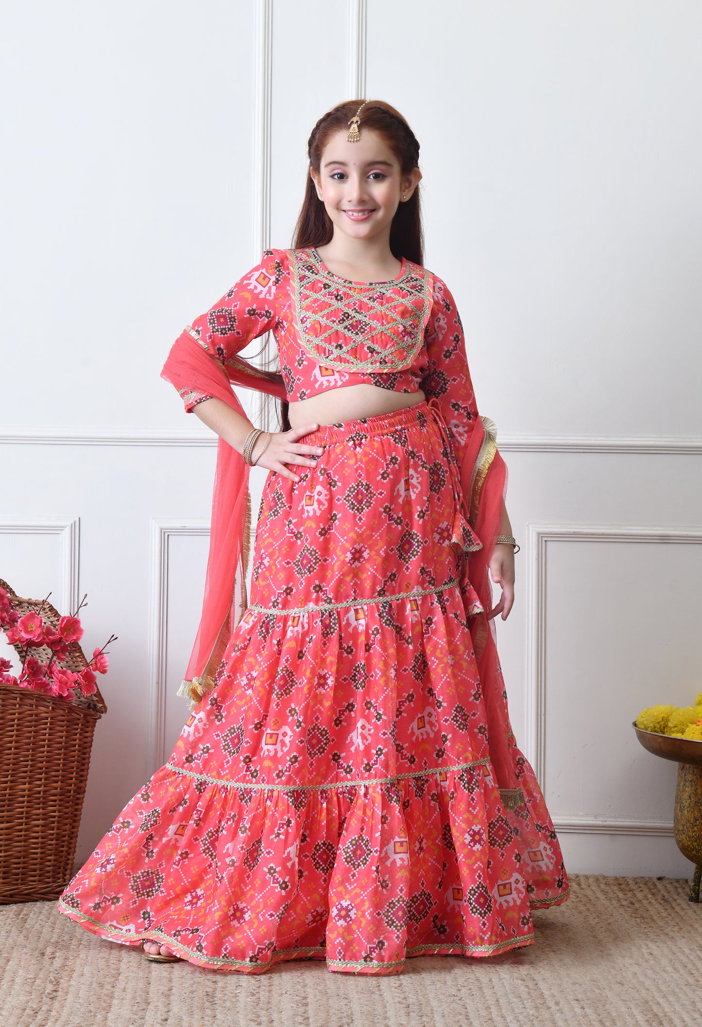 Girls Peach Printed Lehenga Choli Set with Embroidered Yoke and Dupatta