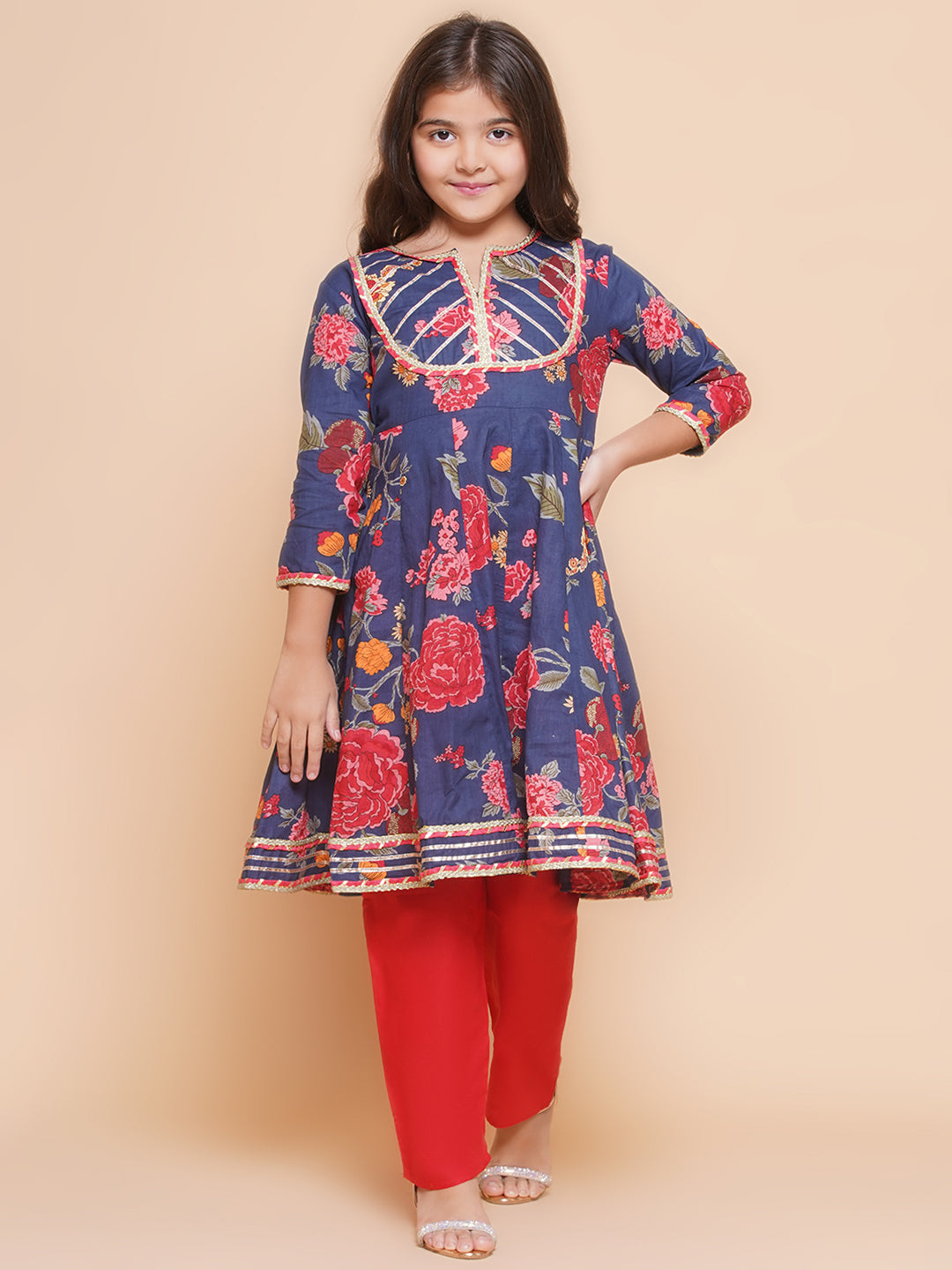 Girls Navy Blue Red Printed Anarkali Kurta & Palazzos