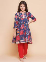 Girls Navy Blue Red Printed Anarkali Kurta & Palazzos