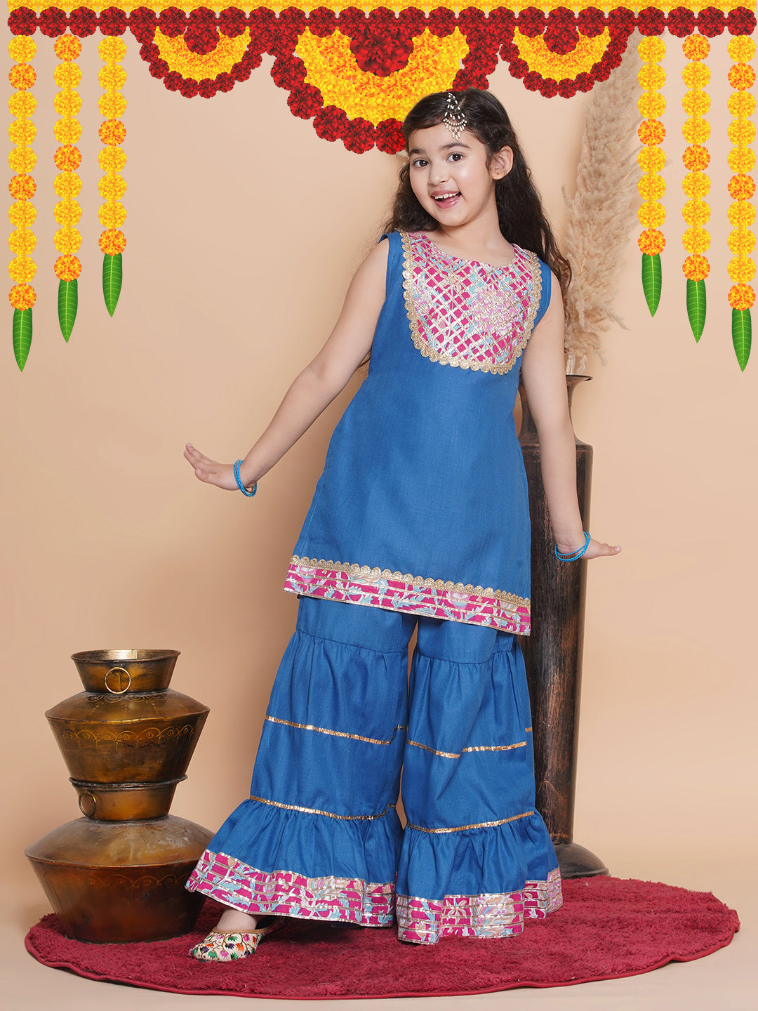 Girls Blue Solid Kurta with Sharara